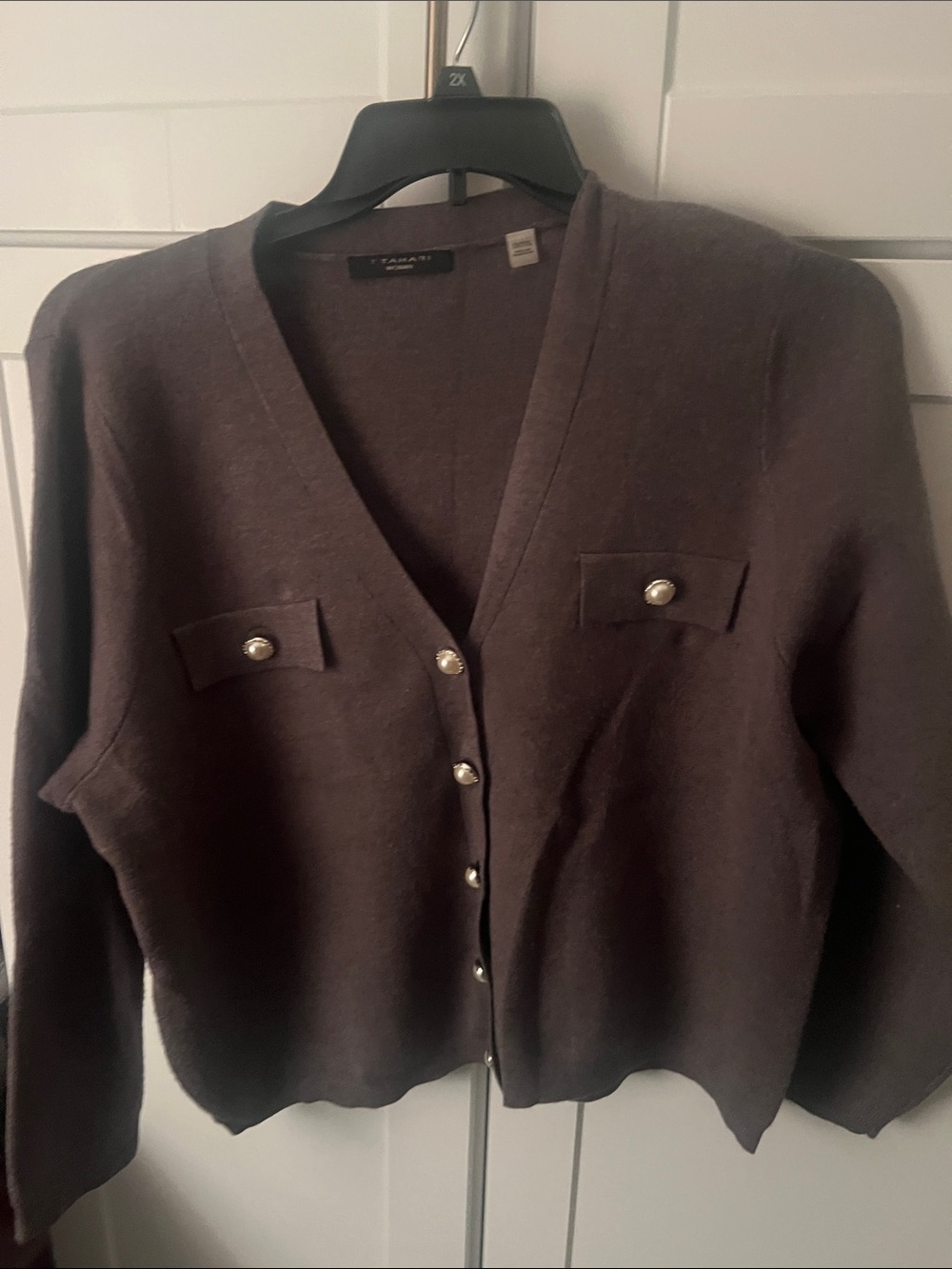 T Tahari Dark Brown V-Neck Button Cardigan with Decorative Pockets